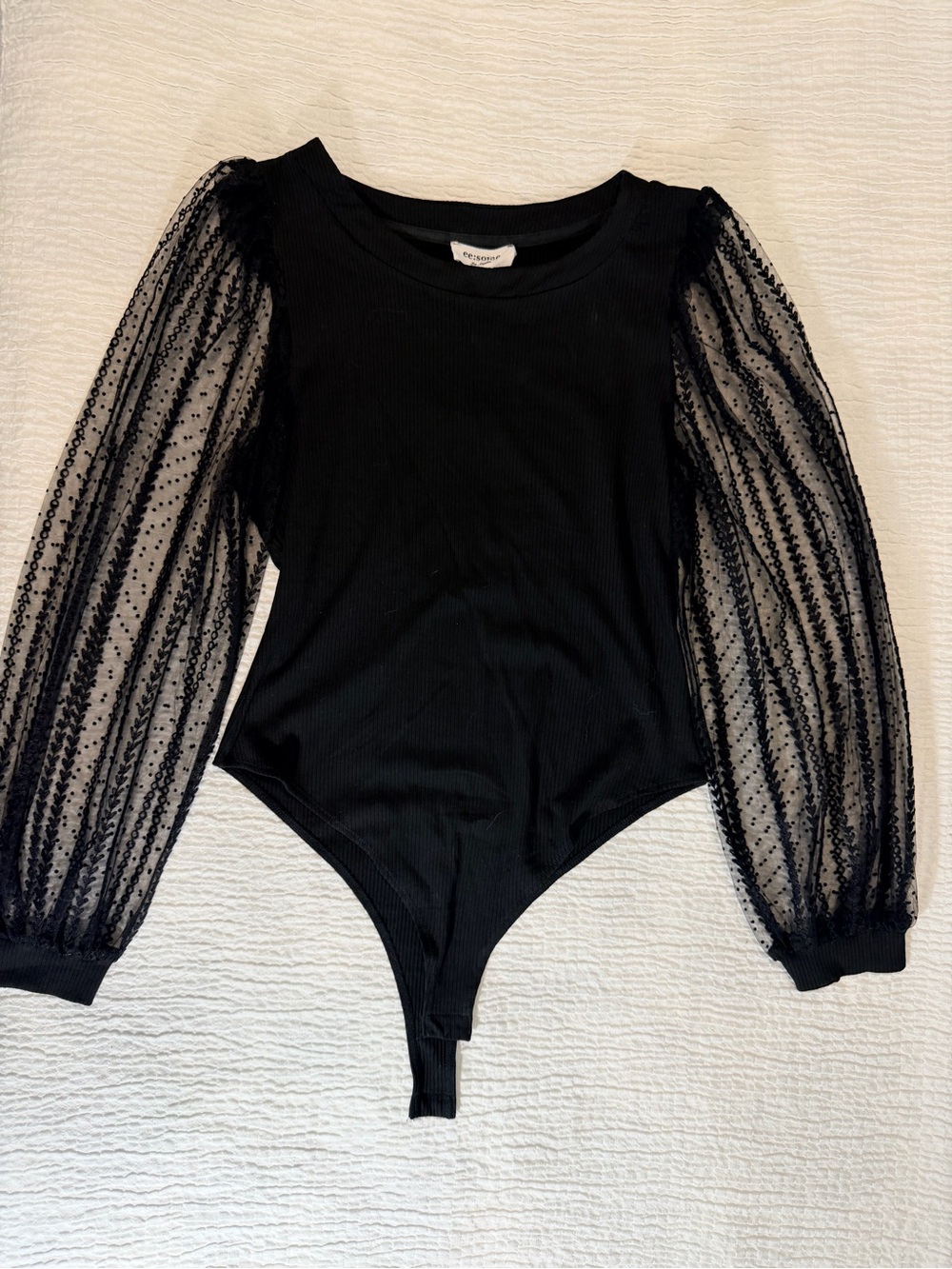 Eesome Boutique Ribbed Bodysuit Sheer Puff Sleeves NWT Chic Fitted Top - Picture 2 of 8